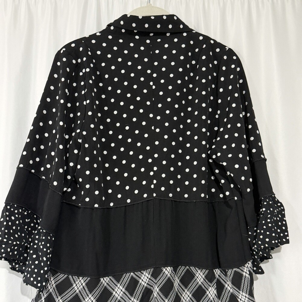 Caleooa Mixed Print Tunic Blouse Sz PL Black White Polka Dot Plaid Tiered Ruffle - Picture 7 of 11